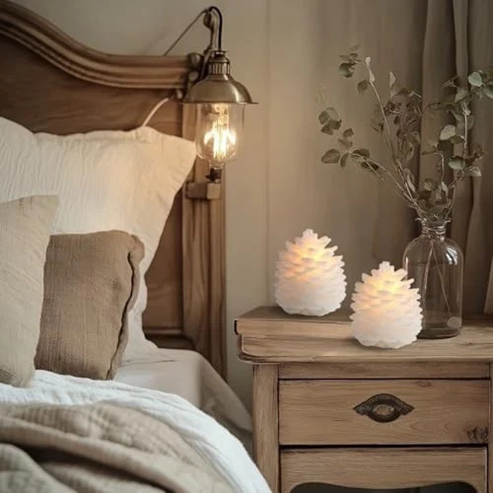 2 Pcs Pine Cone Candles Flameless, White LED Flickering Lights 6 Hour Timer